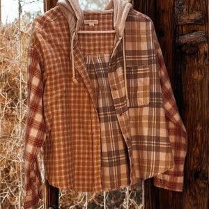 Ultra Flirt Brown burnt orange Plaid button up hooded